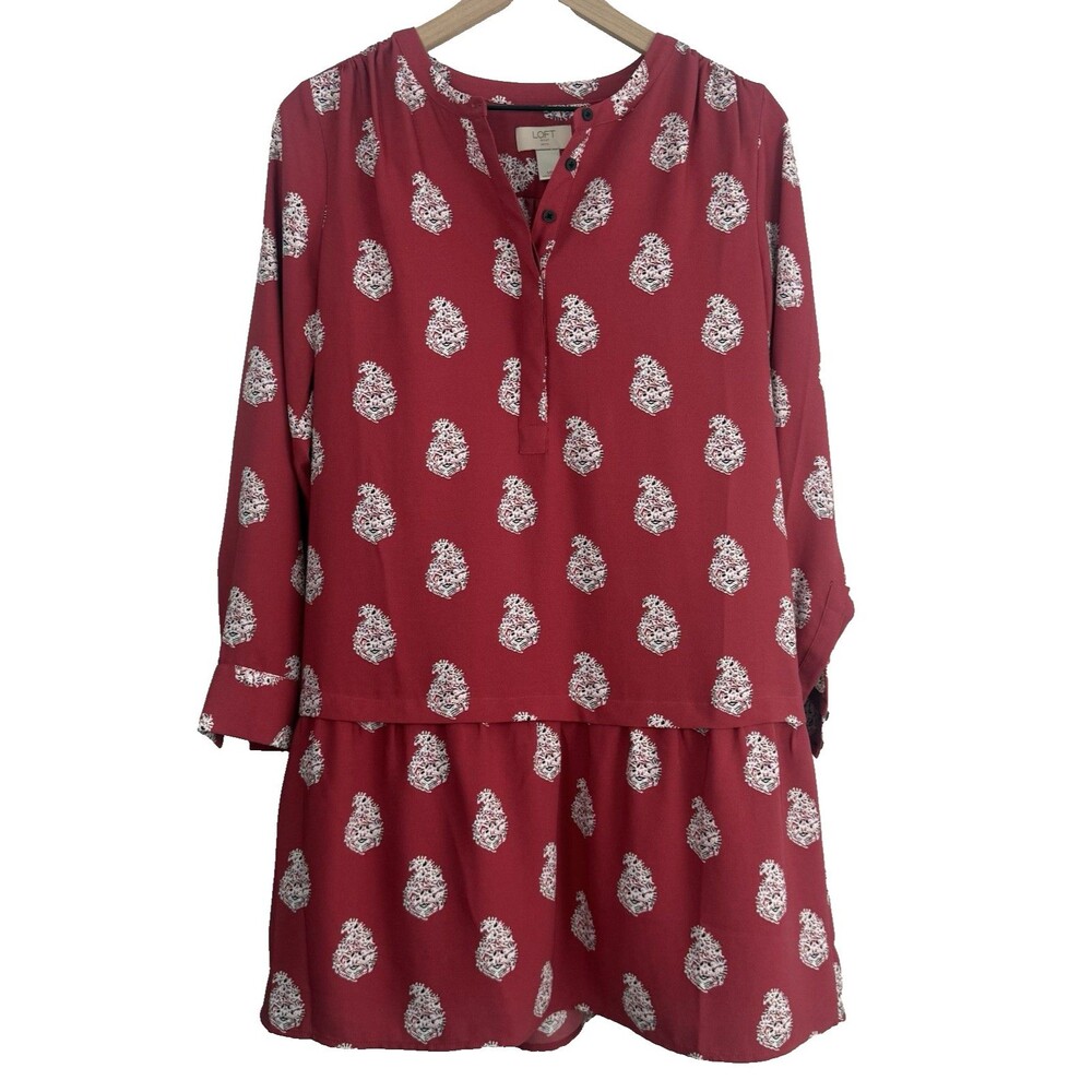 LOFT Petite Drop-waist Floral Block-print Split Neck Ruffle-hem Shift Dress
